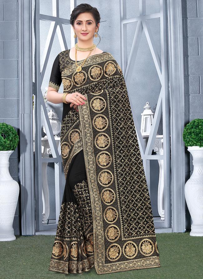 Vichitra Blooming Silk Black Festival Wear Zari Embroidery Work Saree